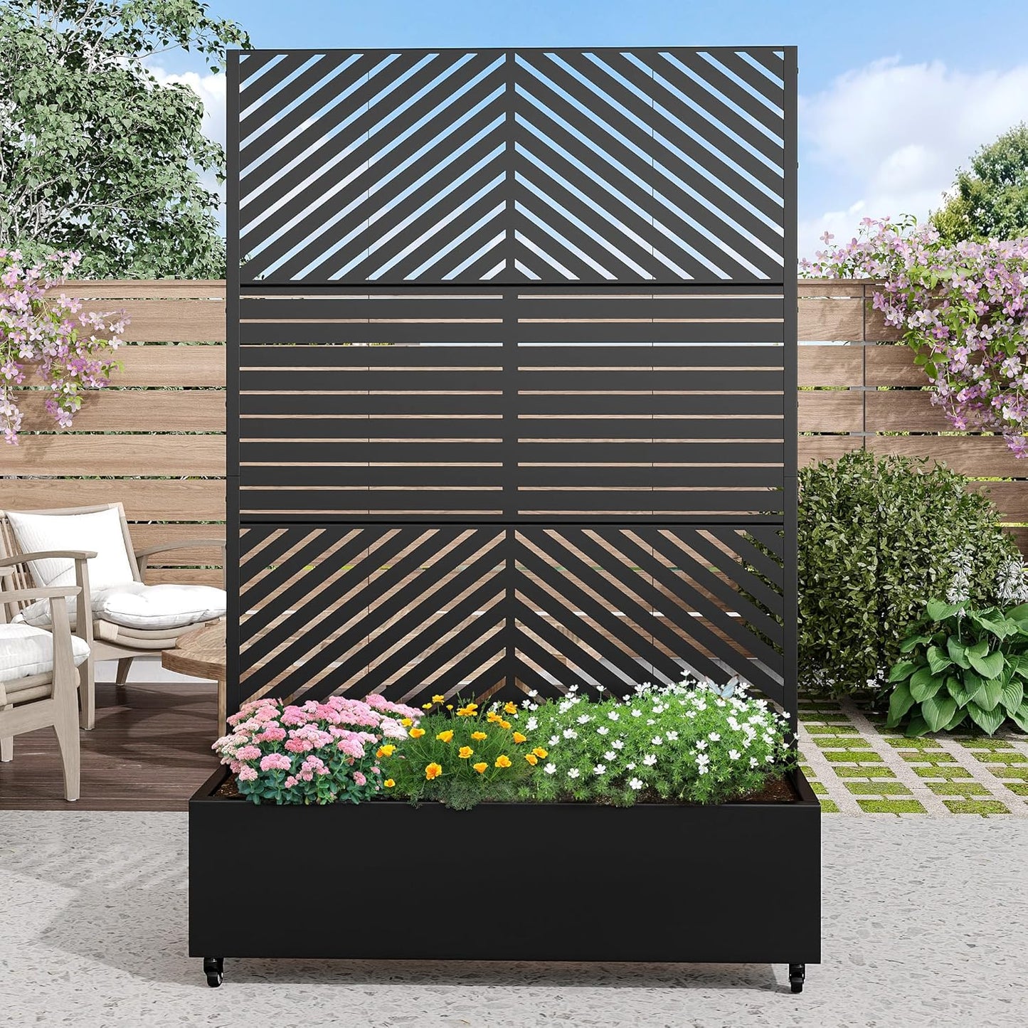 Casaphoria Metal Raised Garden Bed with Trellis and Wheels, 72"x47"x16" Arched Planter Box for Climbing Plants, Vegetables & Vines, Features Drainage Holes and Privacy Screen (Black-Fence)