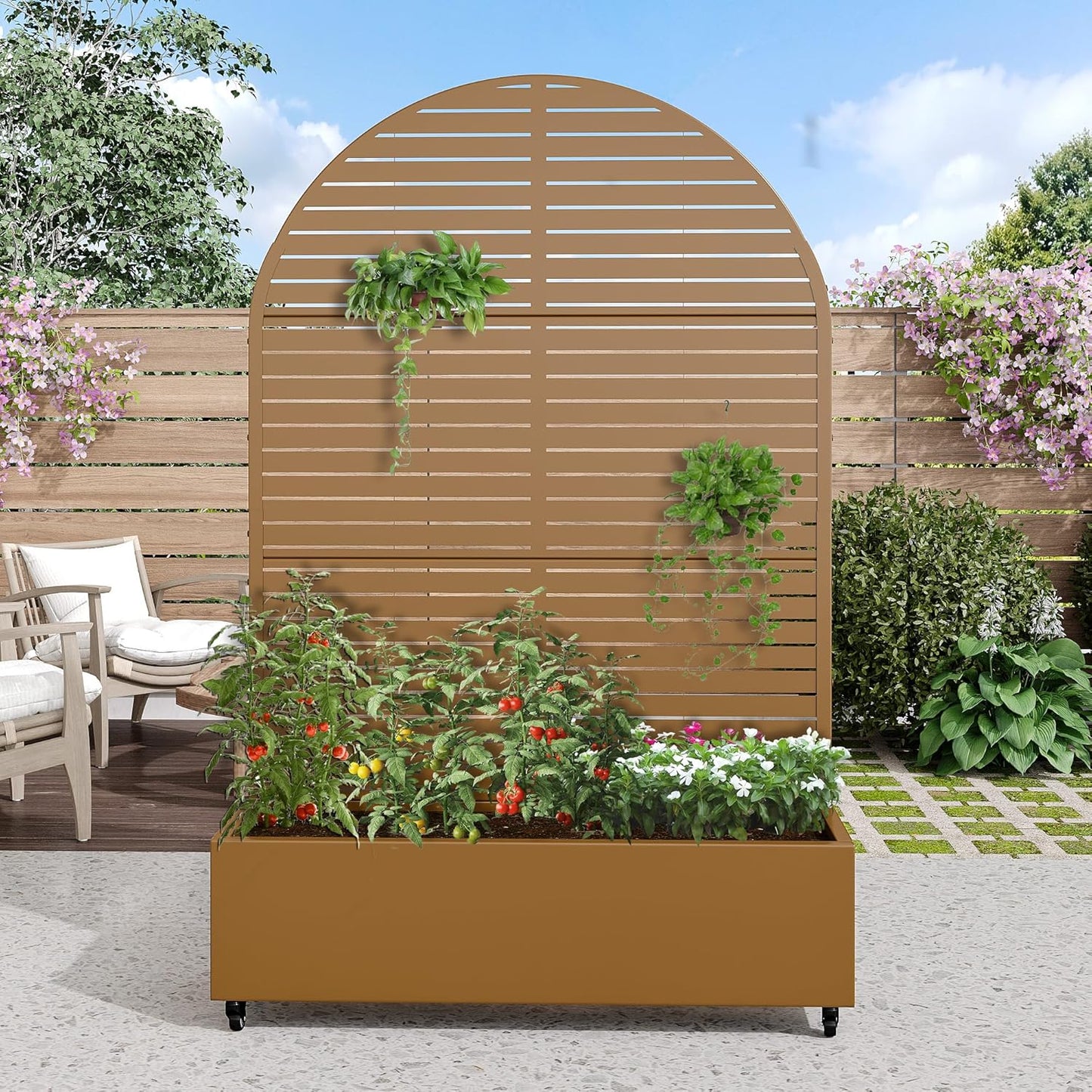 Casaphoria Metal Raised Garden Bed with Trellis and Wheels, 72"x47"x16" Arched Planter Box for Climbing Plants, Vegetables & Vines, Features Drainage Holes and Privacy Screen (Black-Fence)