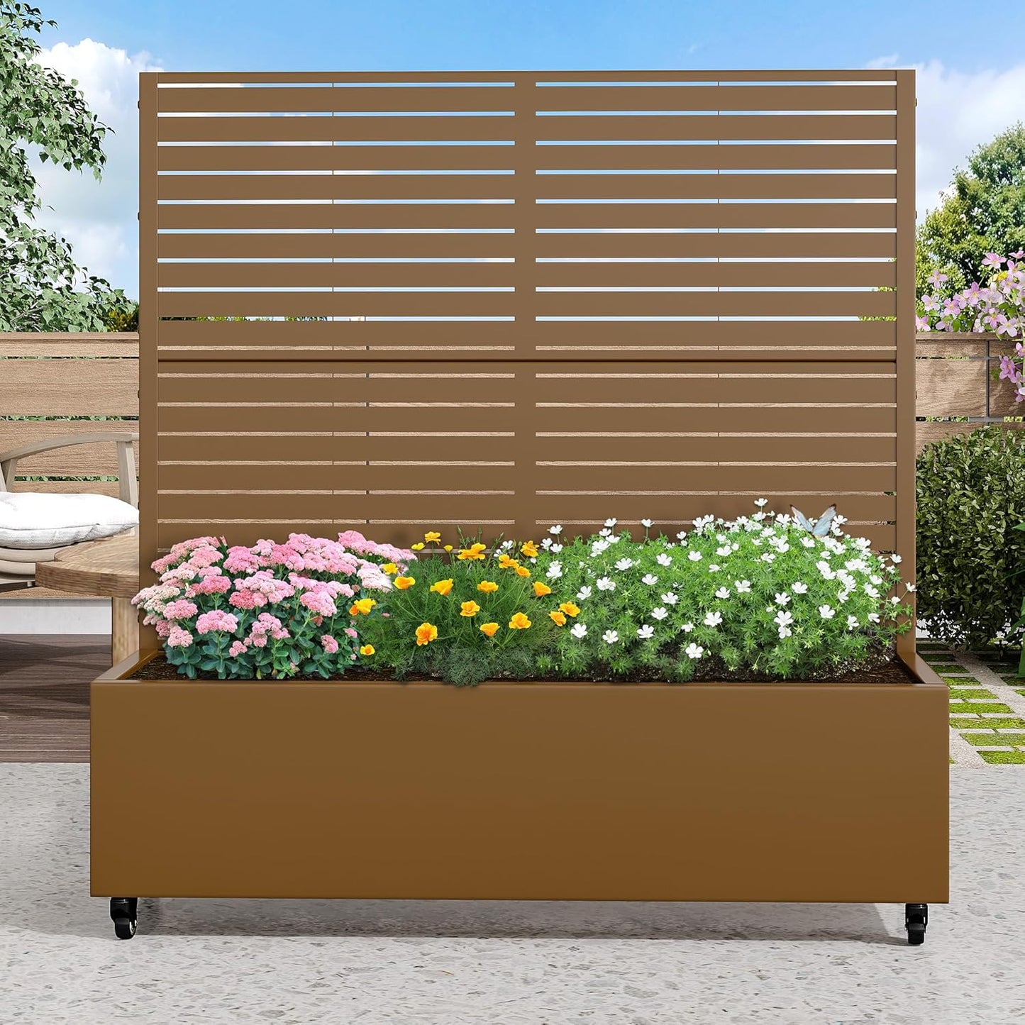 Casaphoria Metal Raised Garden Bed with Trellis and Wheels, 72"x47"x16" Arched Planter Box for Climbing Plants, Vegetables & Vines, Features Drainage Holes and Privacy Screen (Black-Fence)