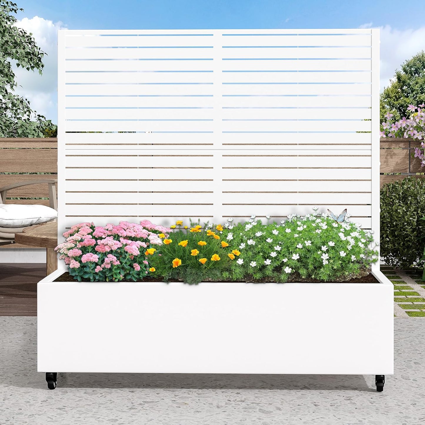 Casaphoria Metal Raised Garden Bed with Trellis and Wheels, 72"x47"x16" Arched Planter Box for Climbing Plants, Vegetables & Vines, Features Drainage Holes and Privacy Screen (Black-Fence)