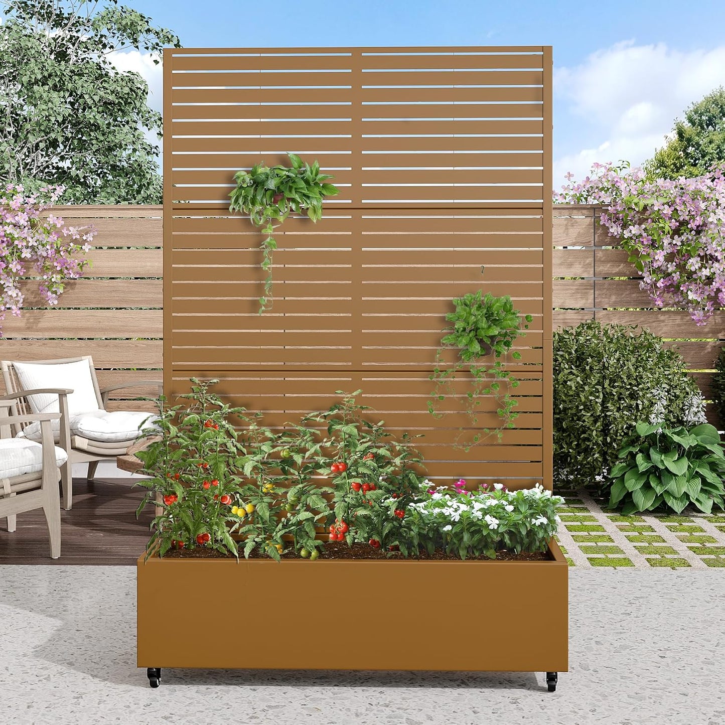 Casaphoria Metal Raised Garden Bed with Trellis and Wheels, 72"x47"x16" Arched Planter Box for Climbing Plants, Vegetables & Vines, Features Drainage Holes and Privacy Screen (Black-Fence)