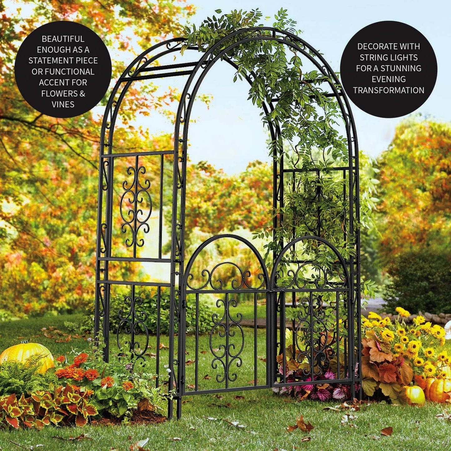 Plow & Hearth Arch Metal Outdoor Garden Arbor Double Gate | Montebello | 7 Feet Tall | Gunmetal Black | Trellis Lattice Climbing Plants