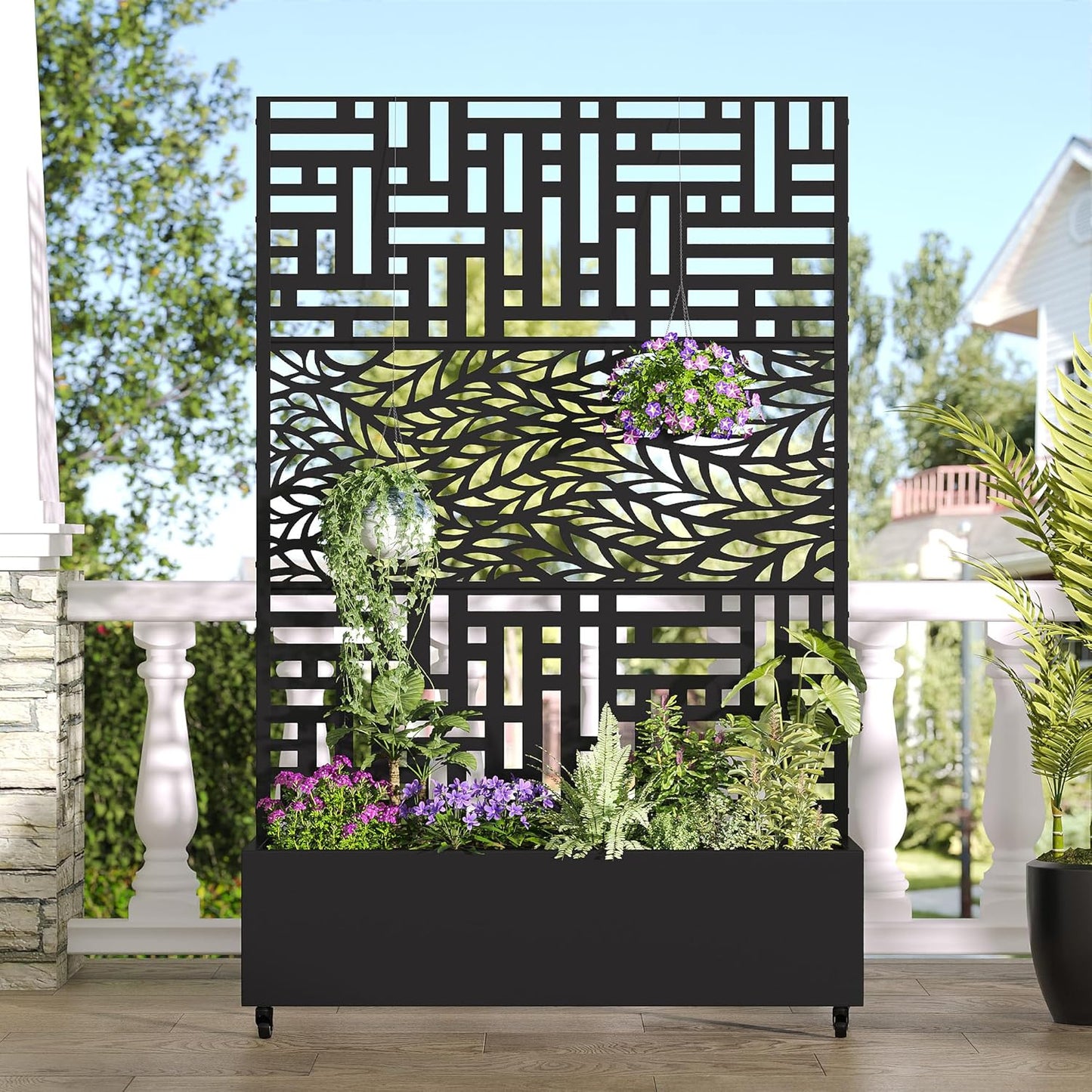 Casaphoria Metal Raised Garden Bed with Trellis and Wheels, 72"x47"x16" Arched Planter Box for Climbing Plants, Vegetables & Vines, Features Drainage Holes and Privacy Screen (Black-Fence)