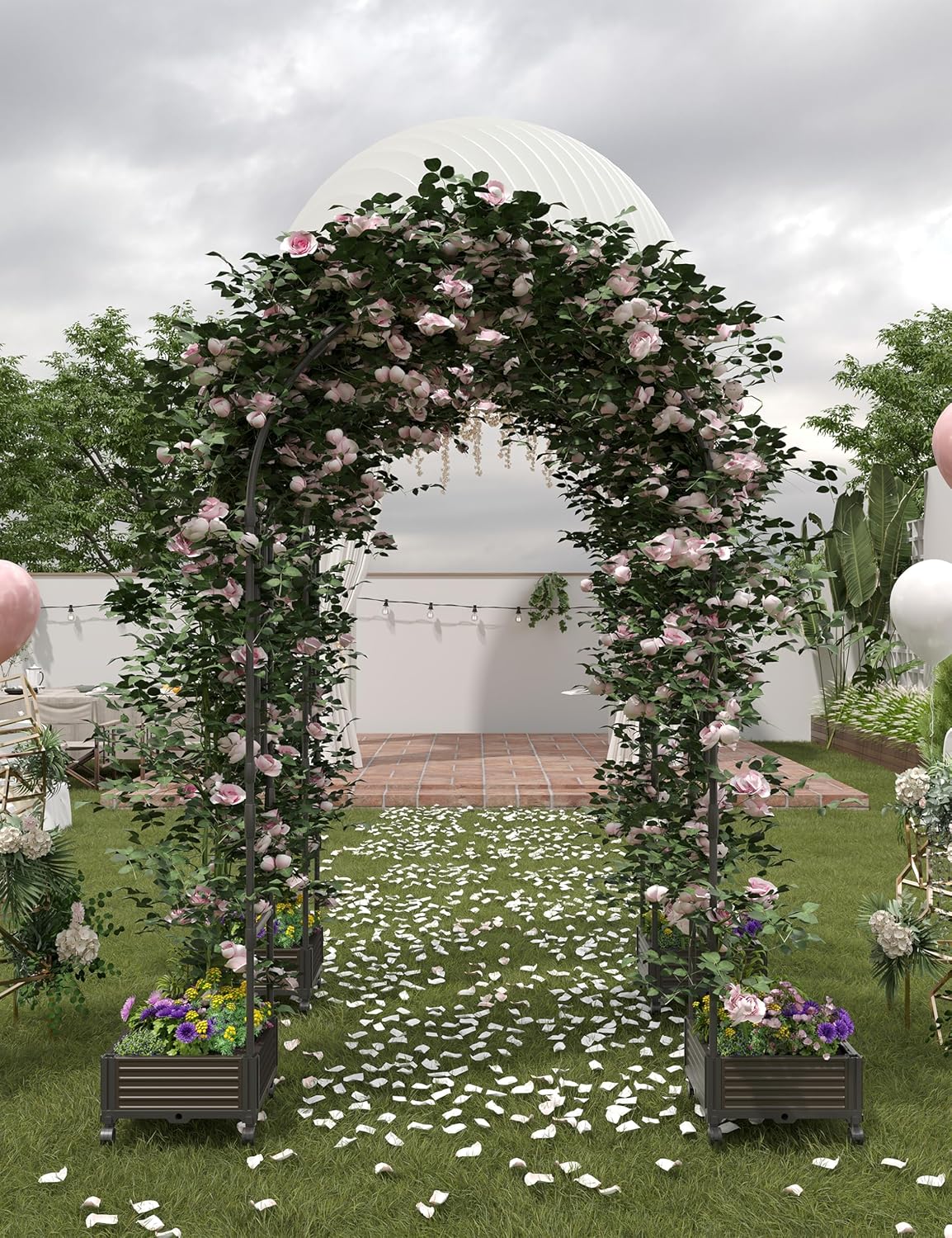 Garden Arch Trellis with Planter Box-Iron Garden Arch for Climbing Plants with Detachable Side Planters, Metal Walkway Arbor Trellis for Outdoor Roses,Yard and Patio Wedding,94.5" h x 47.2" w