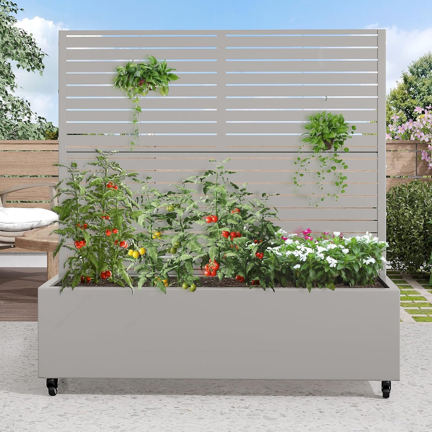 Casaphoria Metal Raised Garden Bed with Trellis and Wheels, 72"x47"x16" Arched Planter Box for Climbing Plants, Vegetables & Vines, Features Drainage Holes and Privacy Screen (Black-Fence)