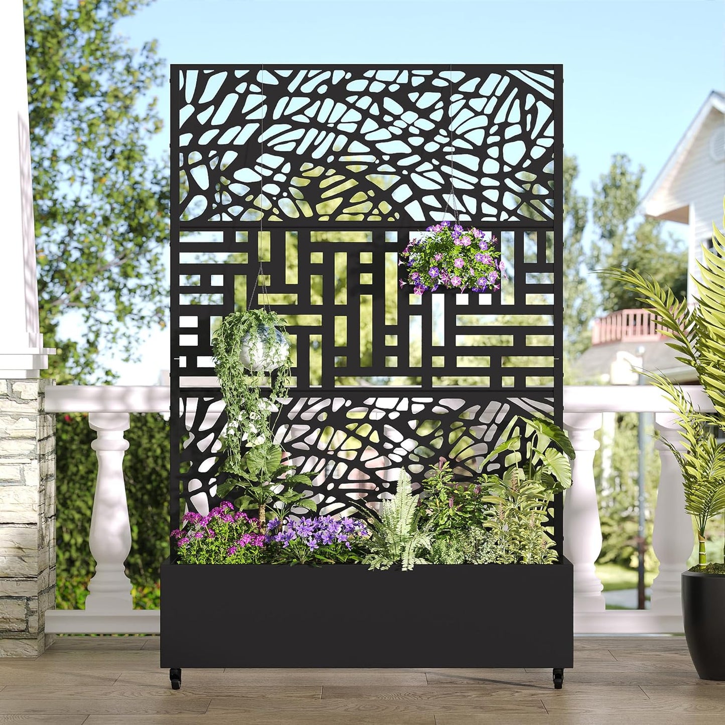 Casaphoria Metal Raised Garden Bed with Trellis and Wheels, 72"x47"x16" Arched Planter Box for Climbing Plants, Vegetables & Vines, Features Drainage Holes and Privacy Screen (Black-Fence)