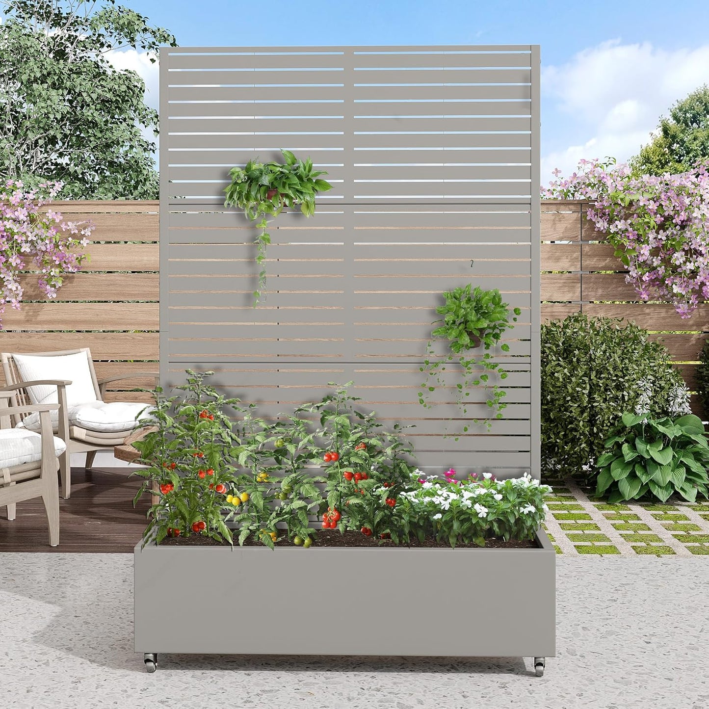 Casaphoria Metal Raised Garden Bed with Trellis and Wheels, 72"x47"x16" Arched Planter Box for Climbing Plants, Vegetables & Vines, Features Drainage Holes and Privacy Screen (Black-Fence)