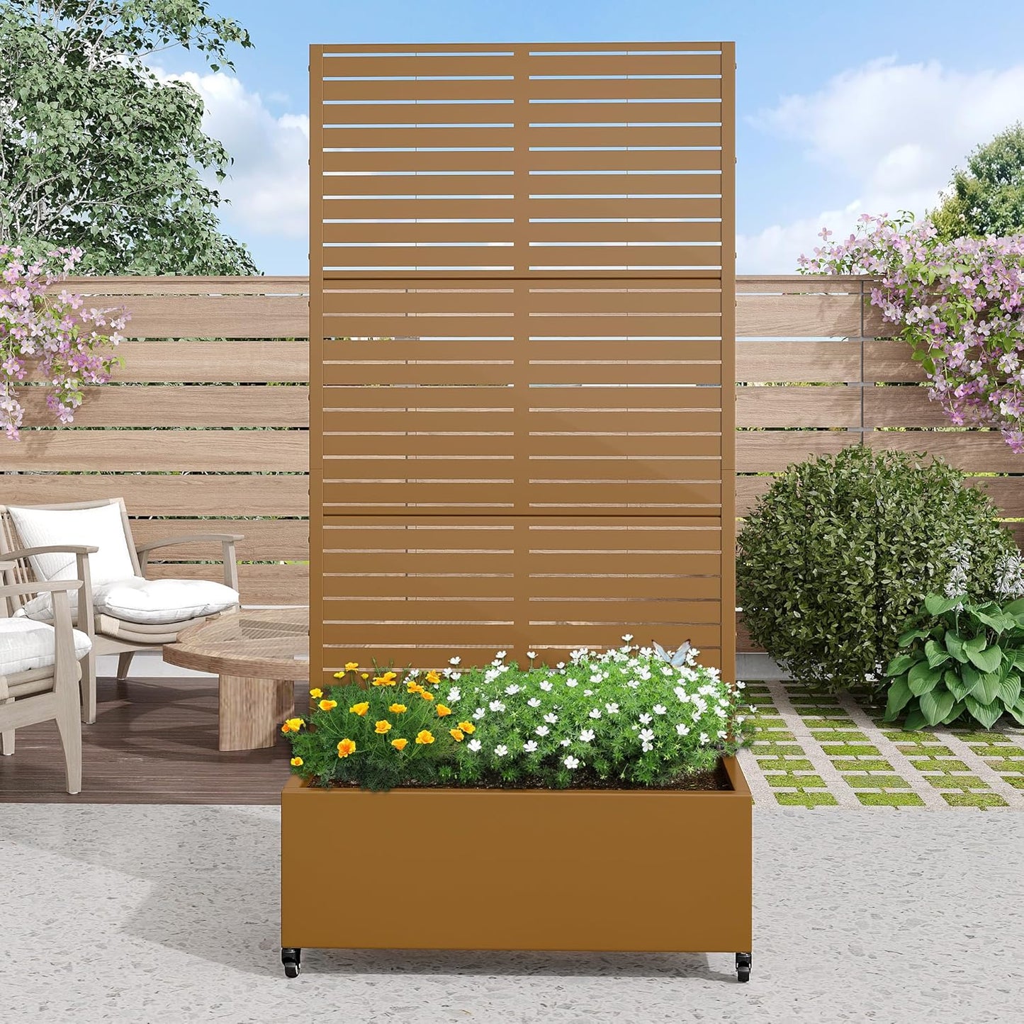 Casaphoria Metal Raised Garden Bed with Trellis and Wheels, 72"x47"x16" Arched Planter Box for Climbing Plants, Vegetables & Vines, Features Drainage Holes and Privacy Screen (Black-Fence)