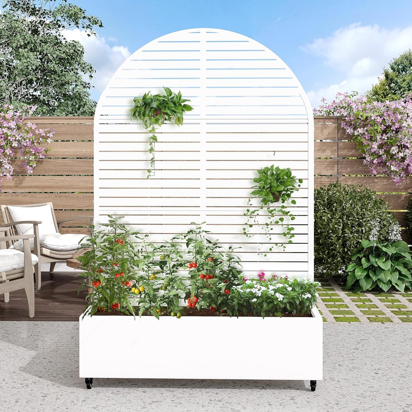 Casaphoria Metal Raised Garden Bed with Trellis and Wheels, 72"x47"x16" Arched Planter Box for Climbing Plants, Vegetables & Vines, Features Drainage Holes and Privacy Screen (Black-Fence)