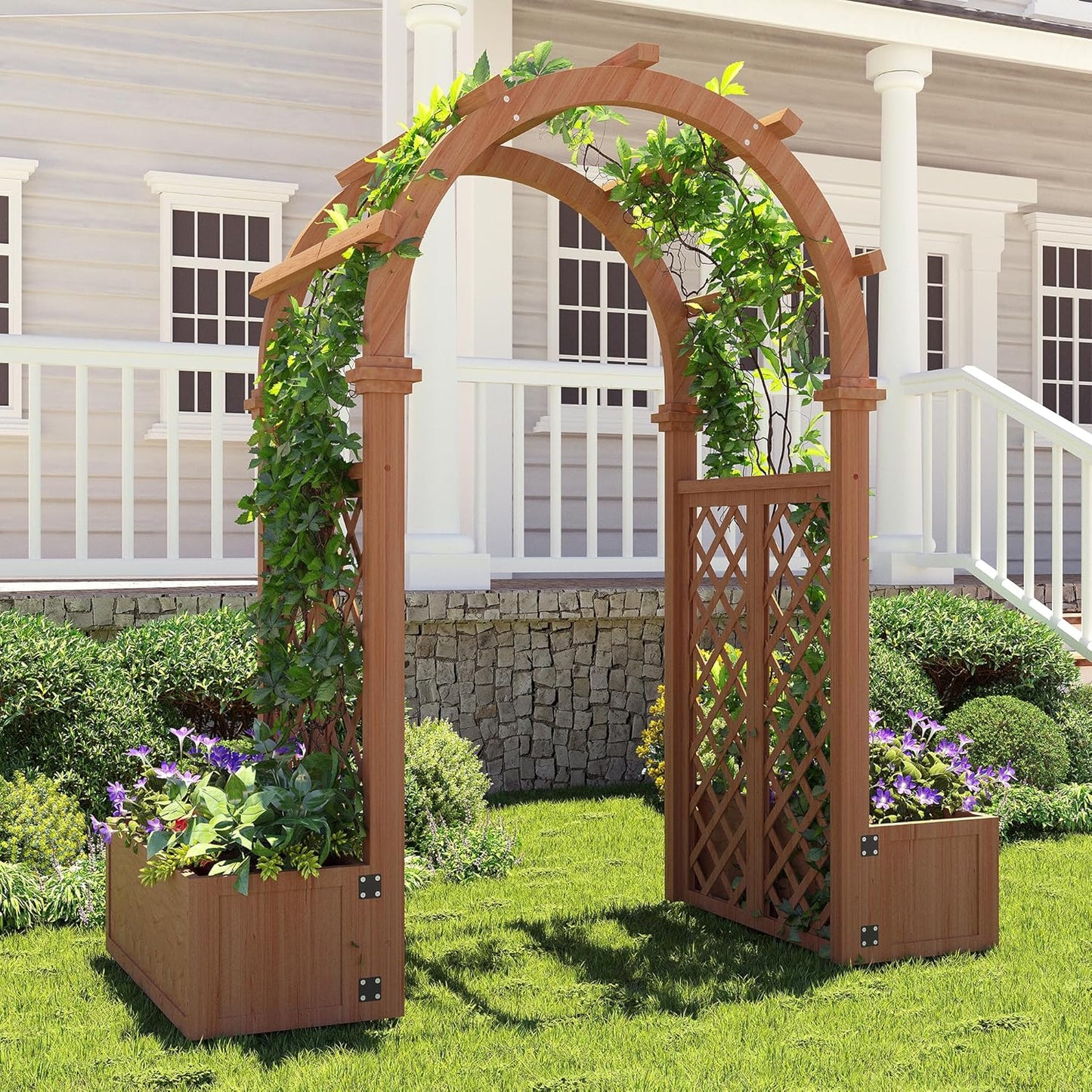 Wood Garden Arbor with Planter Boxes and Swing Outdoor Arch Trellis with Pergola for Climbing Plants Vines Grapes Backyard Wedding Party Decor