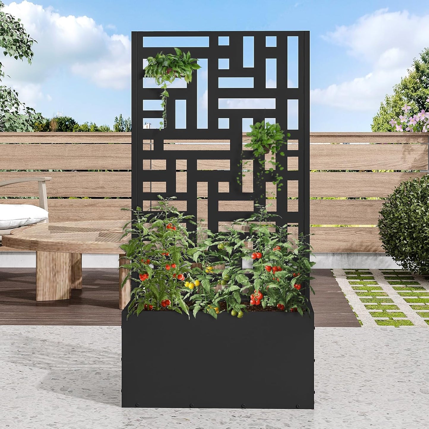 Casaphoria Metal Raised Garden Bed with Trellis and Wheels, 72"x47"x16" Arched Planter Box for Climbing Plants, Vegetables & Vines, Features Drainage Holes and Privacy Screen (Black-Fence)