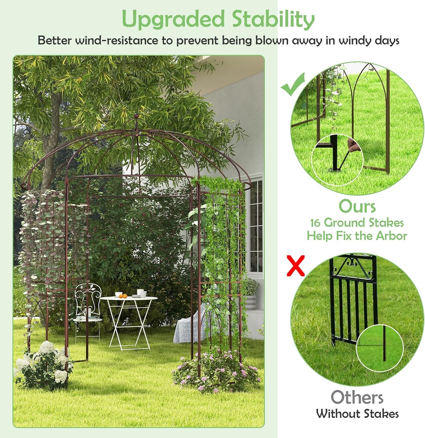 HAPPYGRILL Birdcage Shape Garden Arbor, 7 x 8.4 ft Heavy Duty Metal Garden Gazebo Pergola with Trellis, Garden Arch Trellis for for Climbing Plants Wedding Party Decor Outdoor Arch Pavilion for Lawn