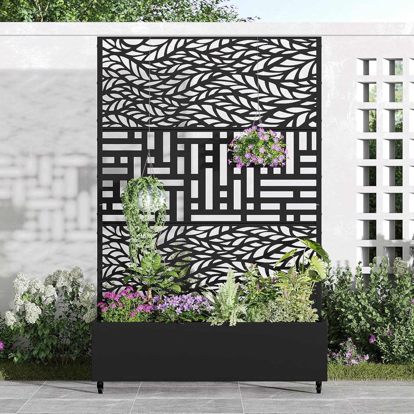 Casaphoria Metal Raised Garden Bed with Trellis and Wheels, 72"x47"x16" Arched Planter Box for Climbing Plants, Vegetables & Vines, Features Drainage Holes and Privacy Screen (Black-Fence)