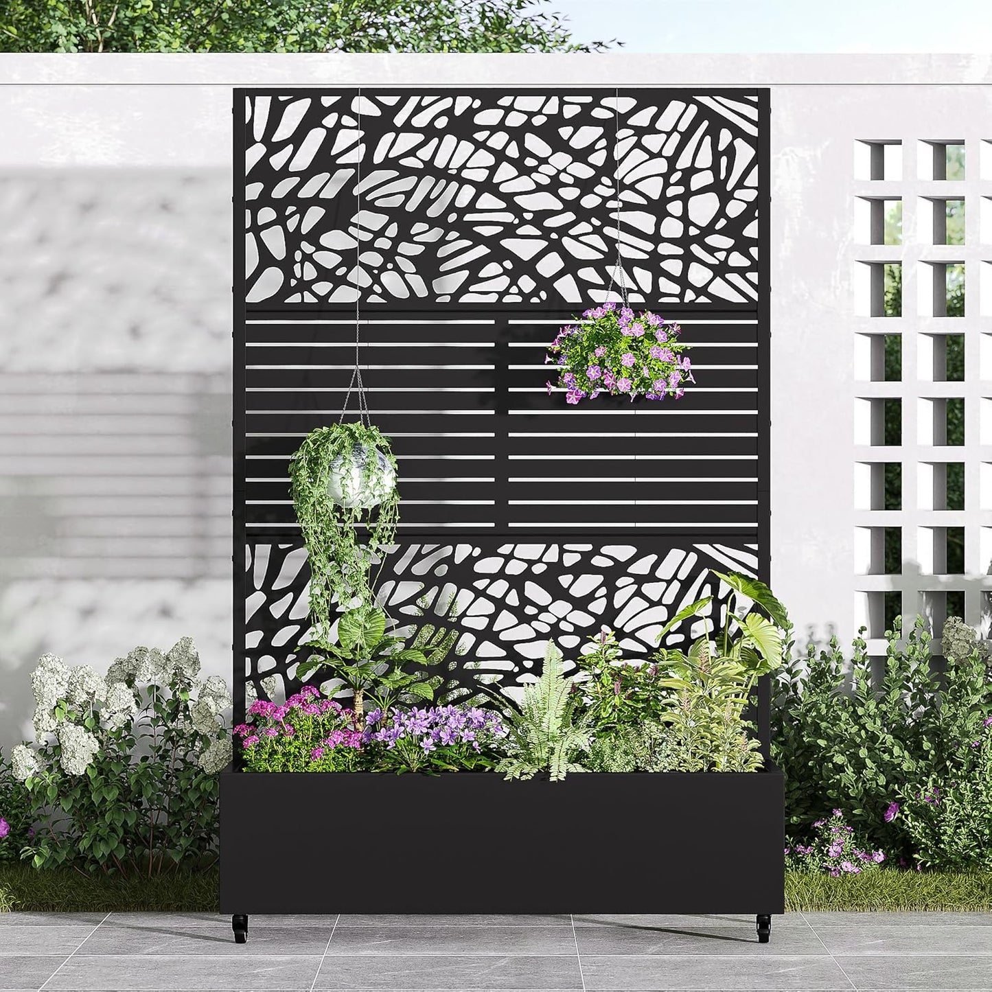 Casaphoria Metal Raised Garden Bed with Trellis and Wheels, 72"x47"x16" Arched Planter Box for Climbing Plants, Vegetables & Vines, Features Drainage Holes and Privacy Screen (Black-Fence)