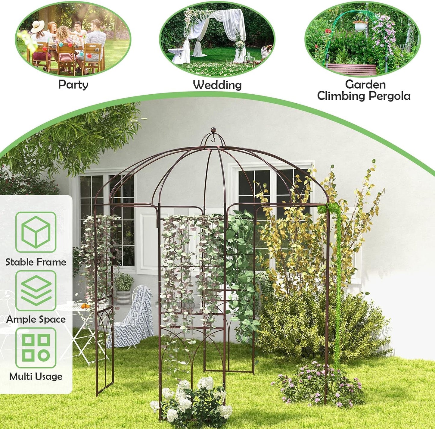 HAPPYGRILL Birdcage Shape Garden Arbor, 7 x 8.4 ft Heavy Duty Metal Garden Gazebo Pergola with Trellis, Garden Arch Trellis for for Climbing Plants Wedding Party Decor Outdoor Arch Pavilion for Lawn