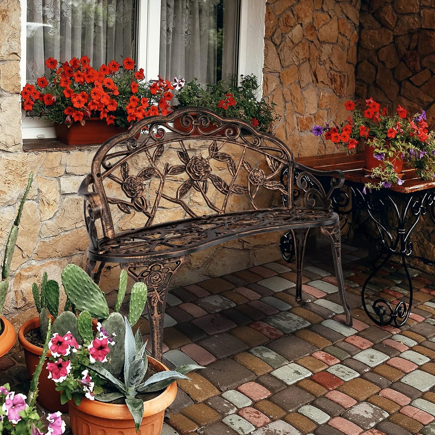 VINGLI 38.5" Patio Park Garden Outdoor Metal Rose Bench,Cast Iron Cast Aluminium Frame Antique Finish Chair,Accented Lawn Front Porch Path Yard Decor Deck Furniture for 2 Person Seat(Bronze