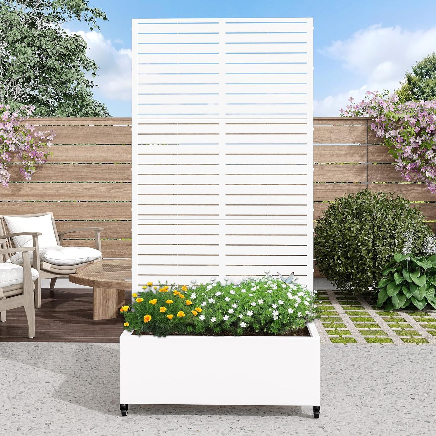 Casaphoria Metal Raised Garden Bed with Trellis and Wheels, 72"x47"x16" Arched Planter Box for Climbing Plants, Vegetables & Vines, Features Drainage Holes and Privacy Screen (Black-Fence)