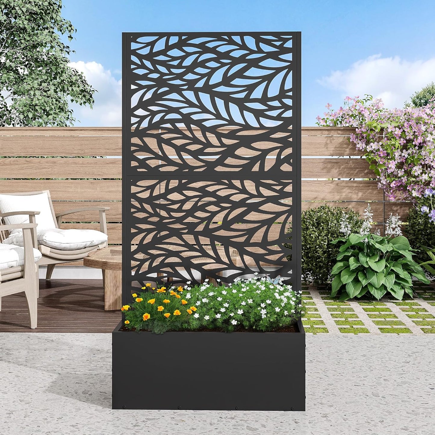 Casaphoria Metal Raised Garden Bed with Trellis and Wheels, 72"x47"x16" Arched Planter Box for Climbing Plants, Vegetables & Vines, Features Drainage Holes and Privacy Screen (Black-Fence)