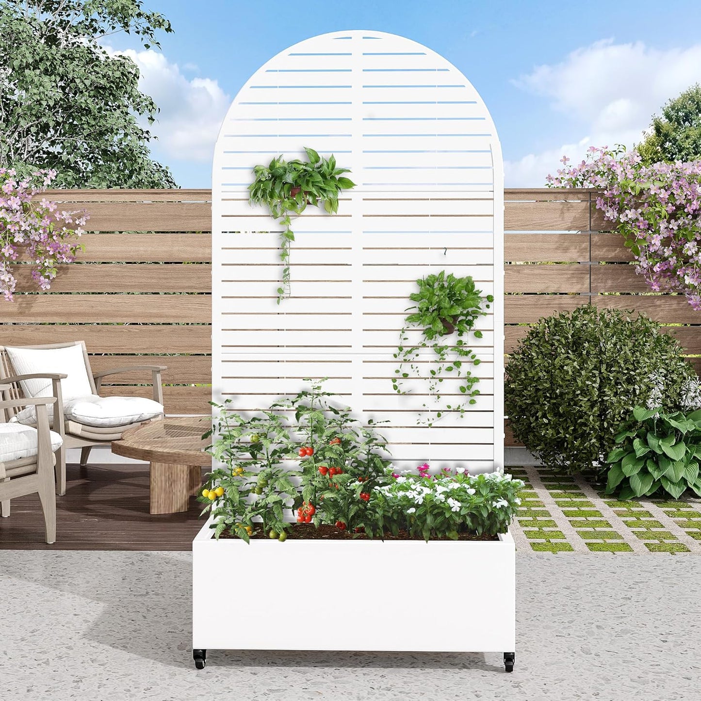Casaphoria Metal Raised Garden Bed with Trellis and Wheels, 72"x47"x16" Arched Planter Box for Climbing Plants, Vegetables & Vines, Features Drainage Holes and Privacy Screen (Black-Fence)