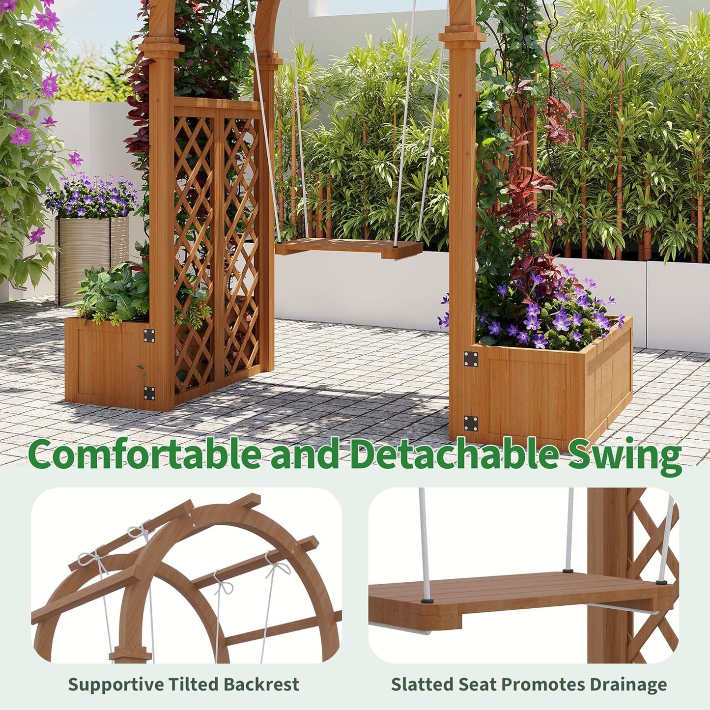 Wood Garden Arbor with Planter Boxes and Swing Outdoor Arch Trellis with Pergola for Climbing Plants Vines Grapes Backyard Wedding Party Decor