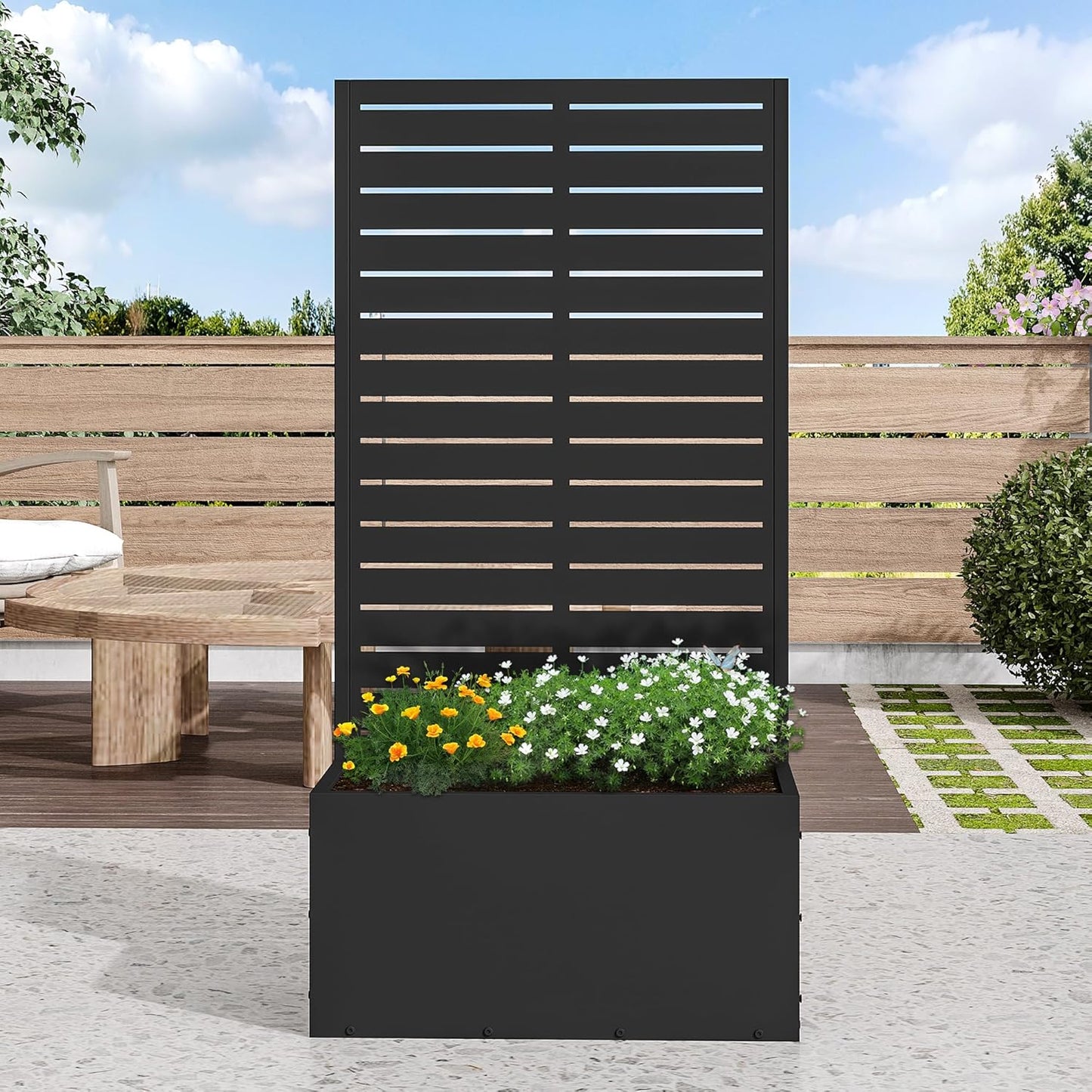Casaphoria Metal Raised Garden Bed with Trellis and Wheels, 72"x47"x16" Arched Planter Box for Climbing Plants, Vegetables & Vines, Features Drainage Holes and Privacy Screen (Black-Fence)