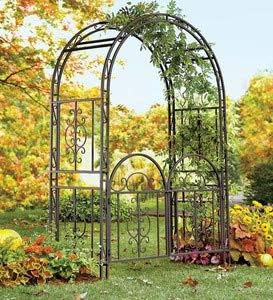 Plow & Hearth Arch Metal Outdoor Garden Arbor Double Gate | Montebello | 7 Feet Tall | Gunmetal Black | Trellis Lattice Climbing Plants
