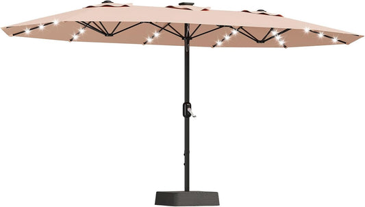 15FT Rectangular Patio Umbrella With Solar Lights & Base Included - Large Patio Umbrella With Crank Handle, UV Protection for Outdoor Market, Lawn, Backyard, Pool