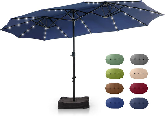 GREEN PARTY 15 ft Rectangle Patio Umbrella with Solar Lights and Base Included, Double-Sided Market Table Umbrella with Crank, Large Outdoor Umbrellas for Patio Poolside Garden Backyard, Navy Blue