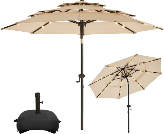 wikiwiki 9FT 3Tiers Solar LED Patio Umbrella with Base, Sturdy Outdoor Market Umbrella with Tilt, Crank and 32 LEDs for Terraces, Pool and Garden, Beige