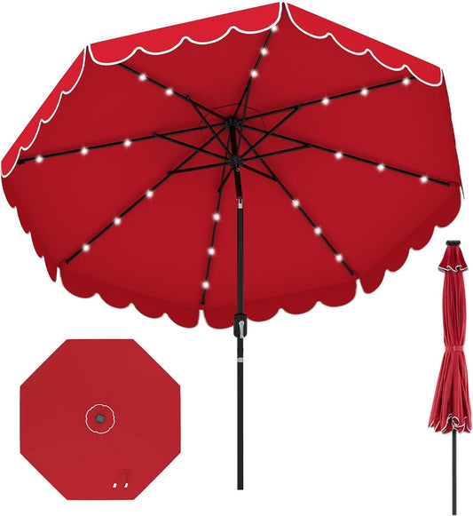 HAPPYGRILL 9 FT Patio Umbrella Outdoor Market Sunshade w/Solar LED Lights, Ruffles, Vented Top, Tilt Adjustment & Built-in Crank, Parasol Canopy for Backyard Poolside Deck Beach Lawn