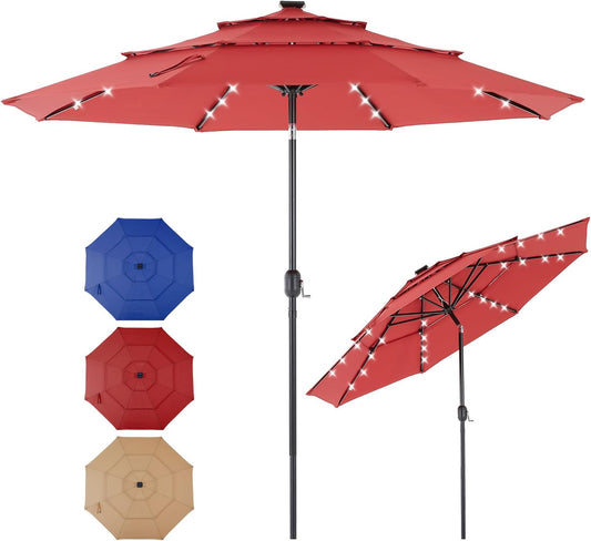 SMUG 10FT 3-Tier Solar Patio Umbrella with 32 LED Lights, Outdoor Umbrellas with Push Button Tilt and Crank, Tilting Table Umbrella with 8 Sturdy Ribs for Market, Beach, Pool, Garden, Deck, Backyard, Terrace, Restaurant, UV Protection, Red
