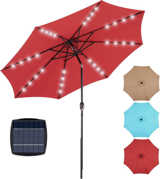 OLIXIS 10FT Solar Patio Umbrella with 32 LED Lights, Tilt and Crank Button, 8 Sturdy Ribs Waterproof, Patio Umbrellas Sun Shade for Poolside, Terrace, Beach and Outdoor Restaurant, Deep Red