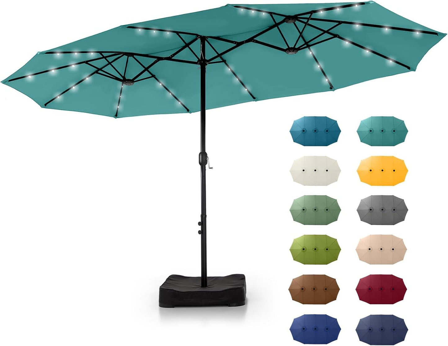 GREEN PARTY 15 ft Rectangle Patio Umbrella with Solar Lights and Base Included, Double-Sided Market Table Umbrella with Crank, Large Outdoor Umbrellas for Patio Poolside Garden Backyard, Navy Blue