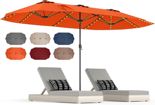 HAPPYGRILL 15.5 FT Double-sided Patio Umbrella with Solar Lights, Outdoor Twin Size Umbrella with Crank Handle & Heavy-Duty Ribs, Oversized Rectangle Umbrella for Garden Deck Poolside