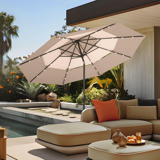 PHI VILLA 10ft Patio Umbrella with Solar Lights, Outdoor 3 Tier Vented Large Market Table Umbrella with 8 Sturdy Ribs and 1.5" Umbrellla Pole for Lawn Poolside Garden Terrace, Beige & Tan