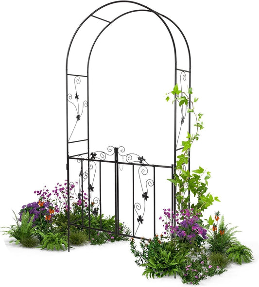 Outdoor Garden Arch - Metal Arbor Trellis with Gate, Wedding Backdrop Arch Arbor, Garden Entrance with Gate for Climbing Plants Roses Vines, Black