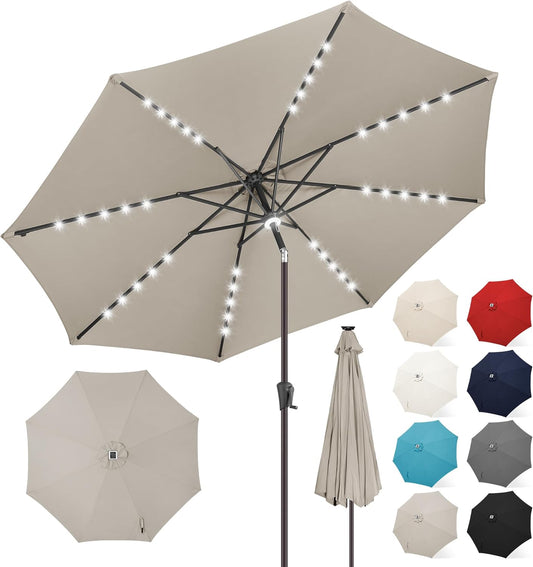 FLAME&SHADE 9 ft Patio Umbrella with Solar Lights, 40 LED Lighted Table Outdoor Umbrella for Deck, Pool, Porch, Backyard, Market, Garden, 8 Sturdy Ribs, UV Protection, Taupe