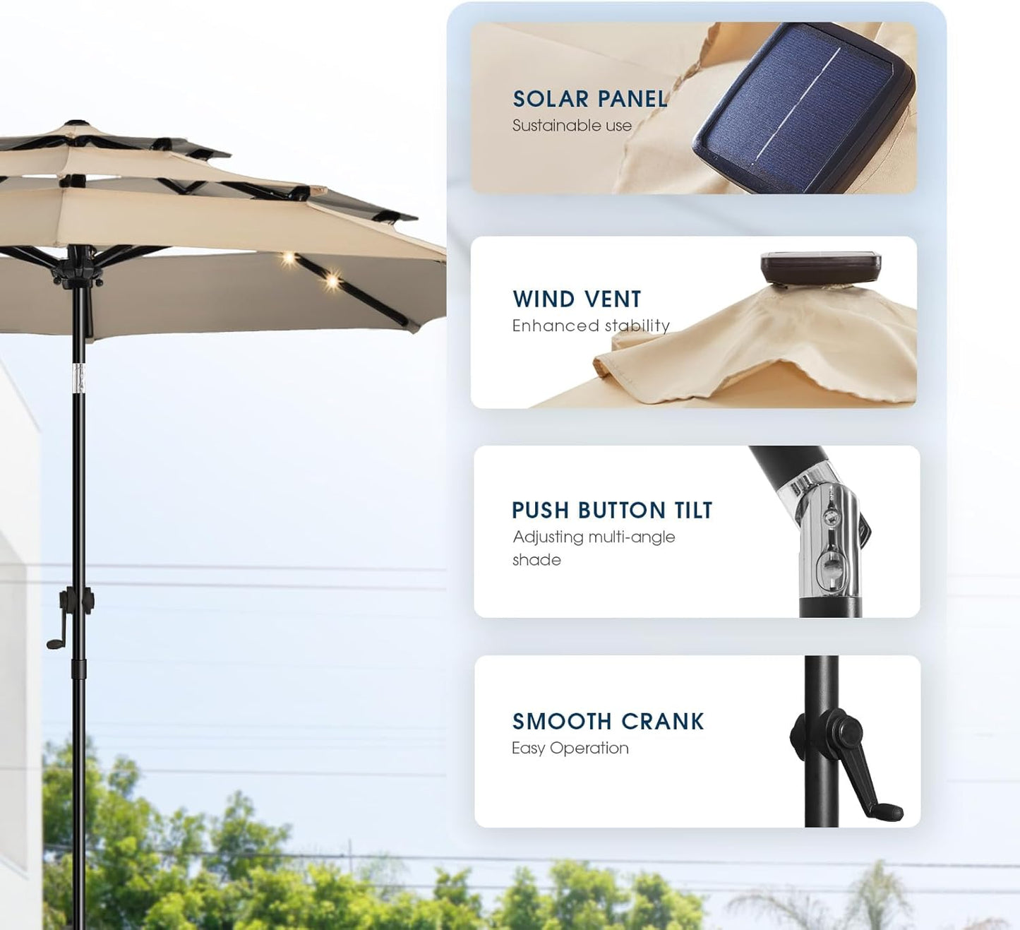 wikiwiki 9FT 3Tiers Solar Led Patio Umbrella, Sturdy Outdoor Market Umbrella for Deck, Pool, Garden w/Tilt, Crank, 32 LED Lights, Beige