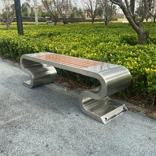 LITFAD Outdoor Indoor Bench Stainless Steel Metal Park Bench with Waterproof Brown Wood Seating Modern Garden Bench for Patio, Lawn, Yard, Porch - Type D 47" L x 16" W x 18" H
