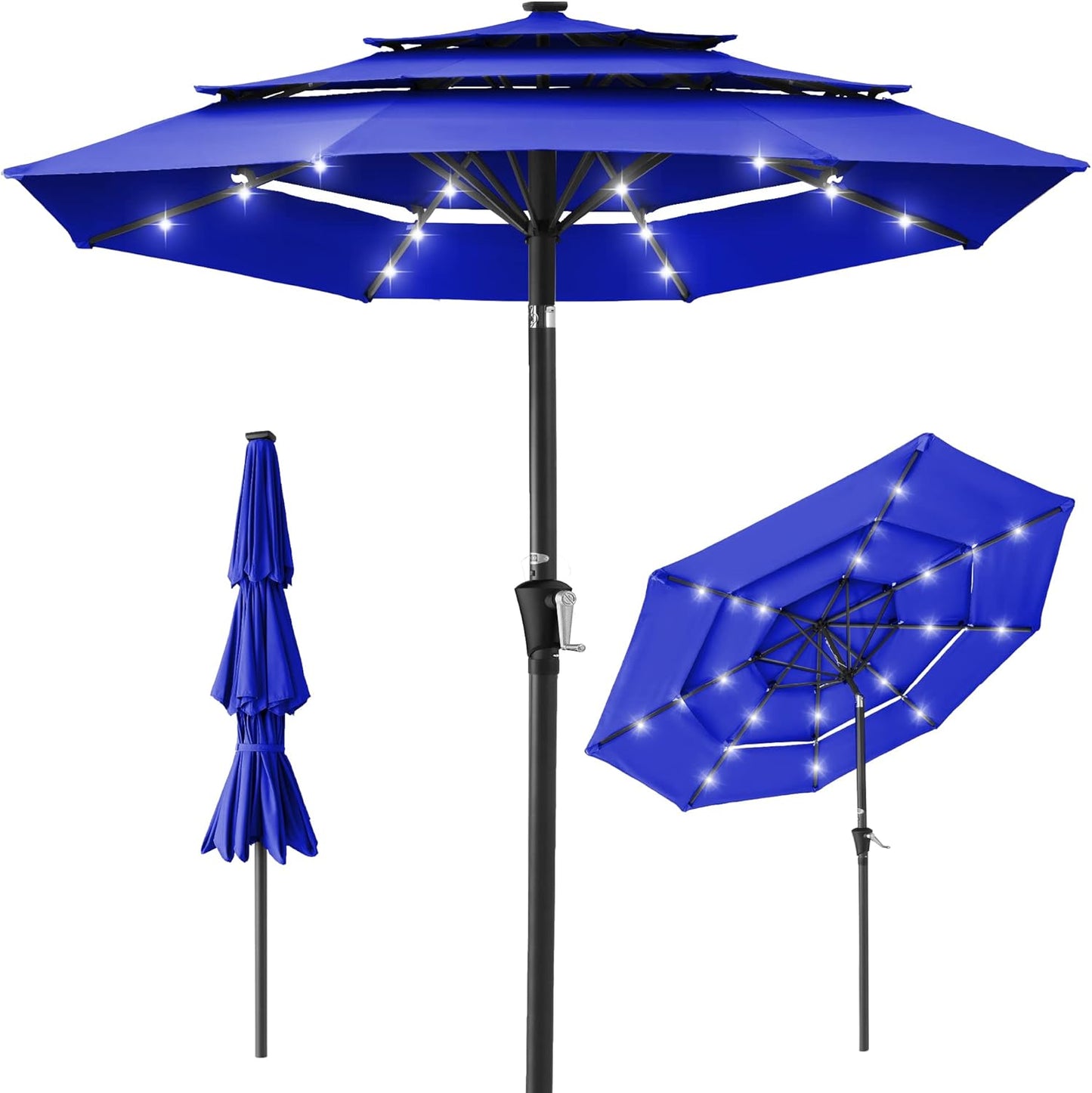 Best Choice Products 10ft 3-Tier Solar Patio Umbrella, Outdoor Market Sun Shade for Backyard, Deck, Poolside w/ 24 LED Lights, Tilt Adjustment, Easy Crank, 8 Ribs - Gray