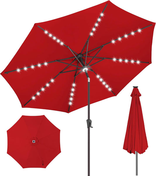 9ft Solar Umbrella Outdoor - Lighted Patio Umbrella with 40 LED Lights Waterprool Uv Protection, Table Umbrella with Tilt & Crank for Pool, Porch, Garden, Deck, Backyard(Red)