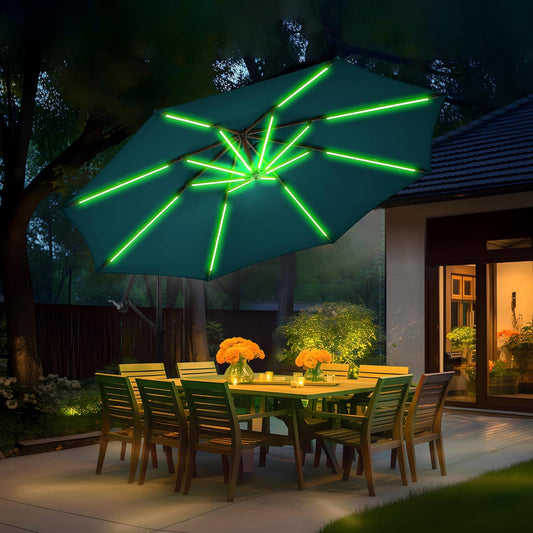 10 ft Offset Patio Umbrella with Stands Included, Large Cantilever Umbrella Outdoor Patio with Solar Lights, Dual Charging, 8+ Light Modes, Heavy Duty, for Pool, Deck, Market, Teal Blue