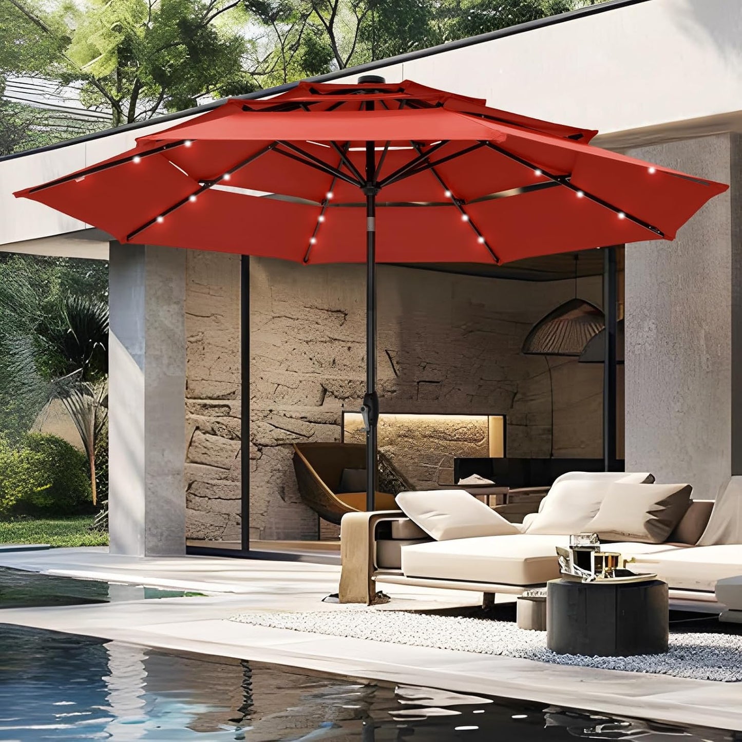 PHI VILLA 10ft Patio Umbrella with Solar Lights, Outdoor 3 Tier Vented Large Market Table Umbrella with 8 Sturdy Ribs and 1.5" Umbrellla Pole for Lawn Poolside Garden Terrace, Beige & Tan