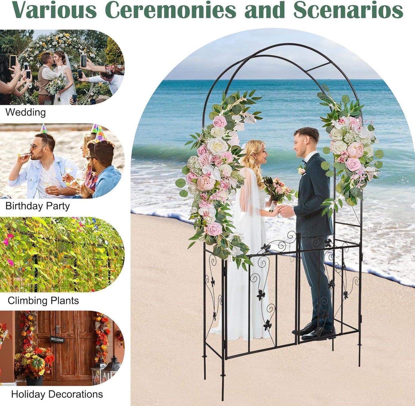 Outdoor Garden Arch - Metal Arbor Trellis with Gate, Wedding Backdrop Arch Arbor, Garden Entrance with Gate for Climbing Plants Roses Vines, Black
