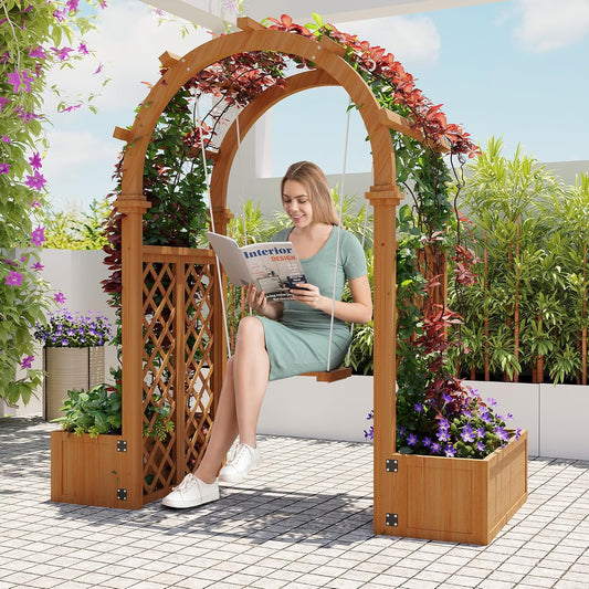 Wood Garden Arbor with Planter Boxes and Swing Outdoor Arch Trellis with Pergola for Climbing Plants Vines Grapes Backyard Wedding Party Decor
